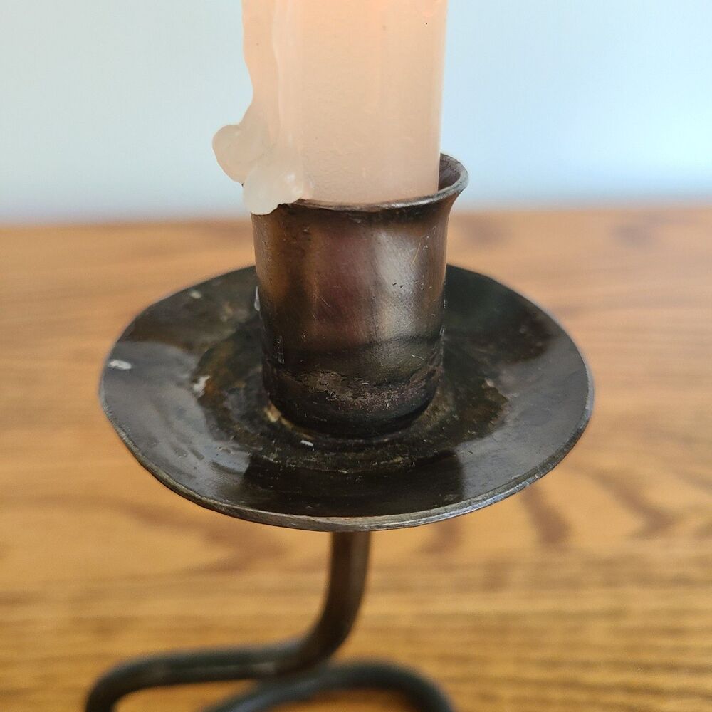Vintage Wrought Iron Heart Base Taper Candle Holder HandForged Bronze Tone Metal - Picture 5 of 10